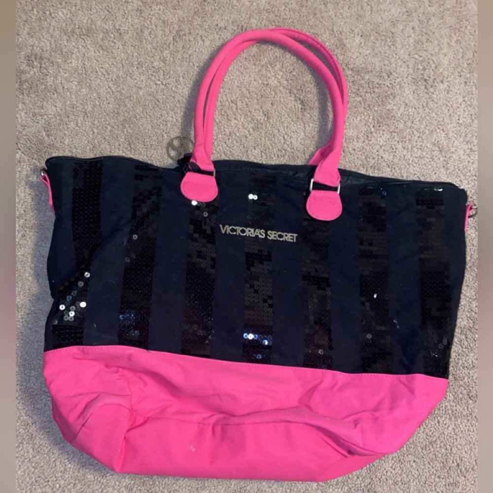 Victoria Secret tote zipper bag. Black and pink sequins.